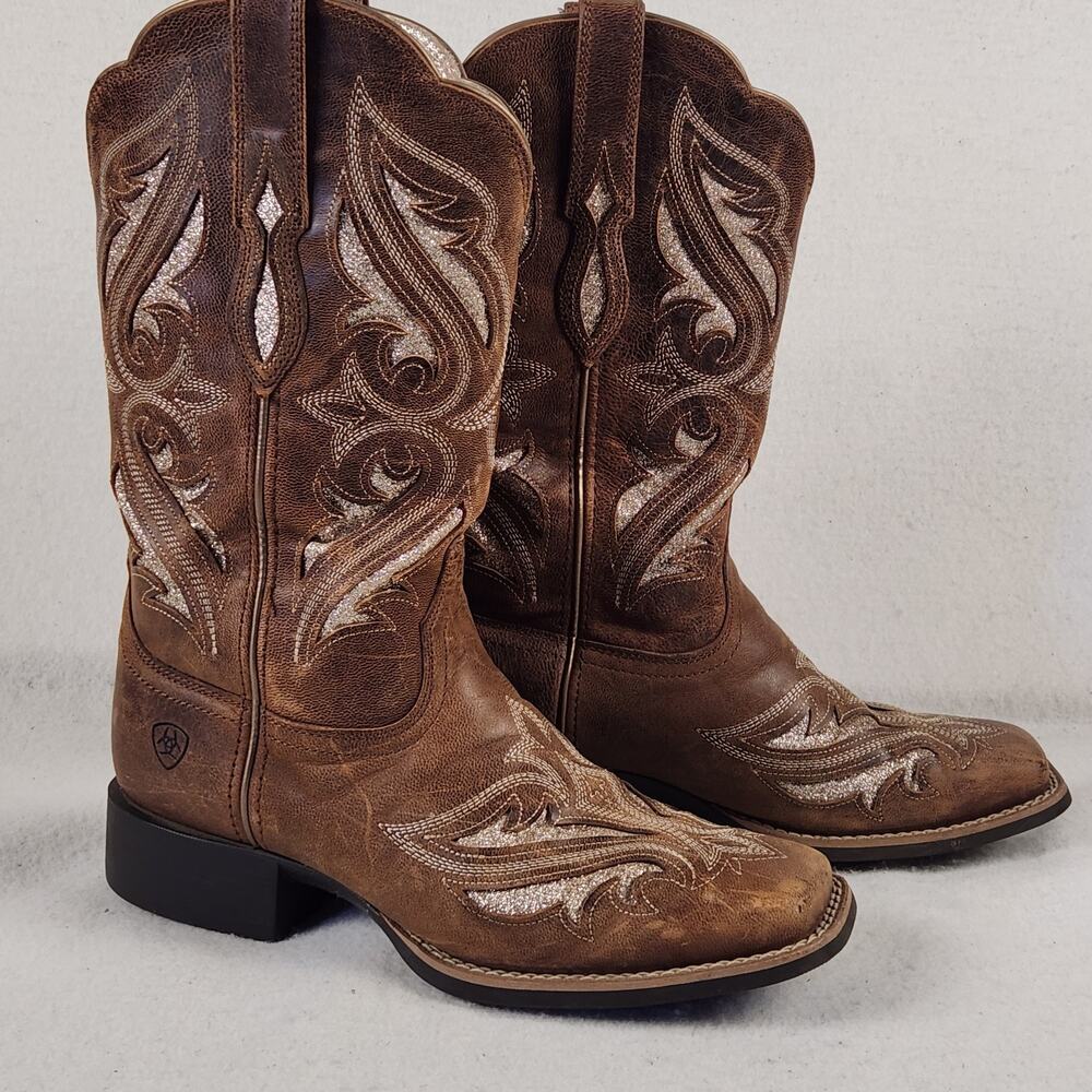 Ariat Round Up Bliss Womens 8.B Sassy Brown Leather Glitter Western Cowboy Boots